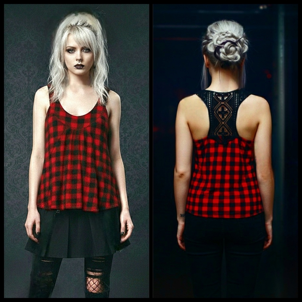 Y2K So Sik red blk Buffalo plaid crochet flowy racer back tank top w pockets XL - Picture 7 of 17